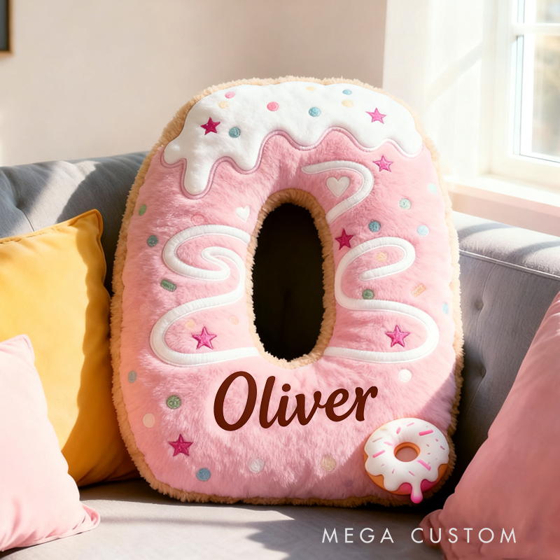 Personalized Cute Pink Donuts Initial Name Pillow Christmas Gift for Kids