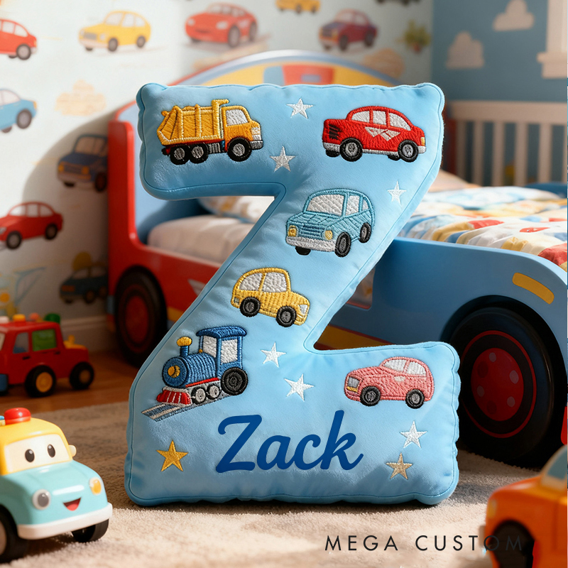 Personalized Letter Truck Custom Name Soft Decorative Gift Fun Construction Style Cozy Bedroom Colorful Car Bus Crane Vehicle Cute Boy Room Playtime Graphic 3D Print Pillow