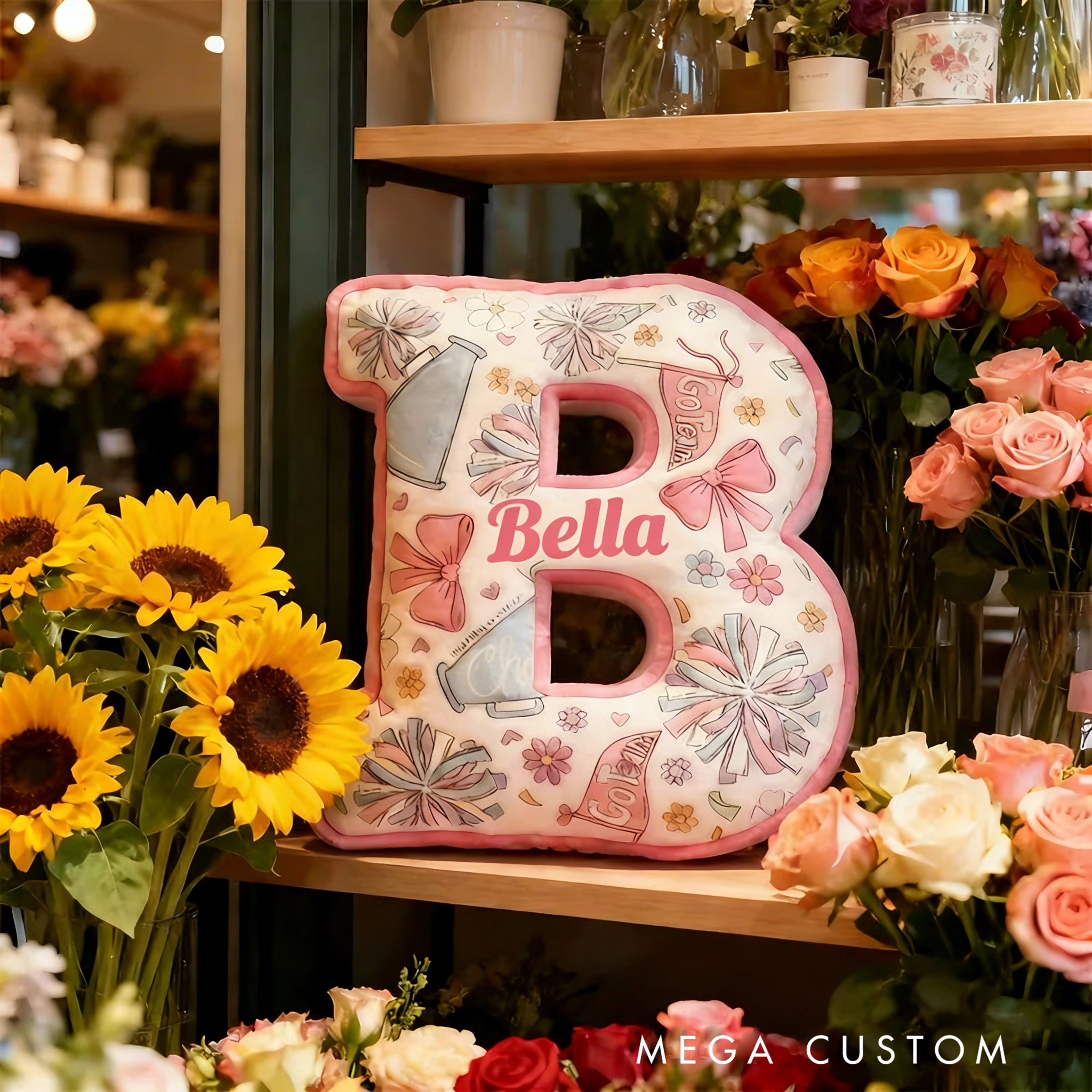 Personalized Cheerleading Initial Pillow with Custom Name and Cheer Theme Design