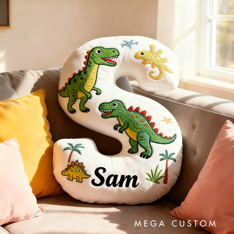 Personalized Dinosaur Letter Name Custom Kids Gift Fun Green T Rex Cute Prehistoric Soft Decorative Graphic 3D Print Pillow