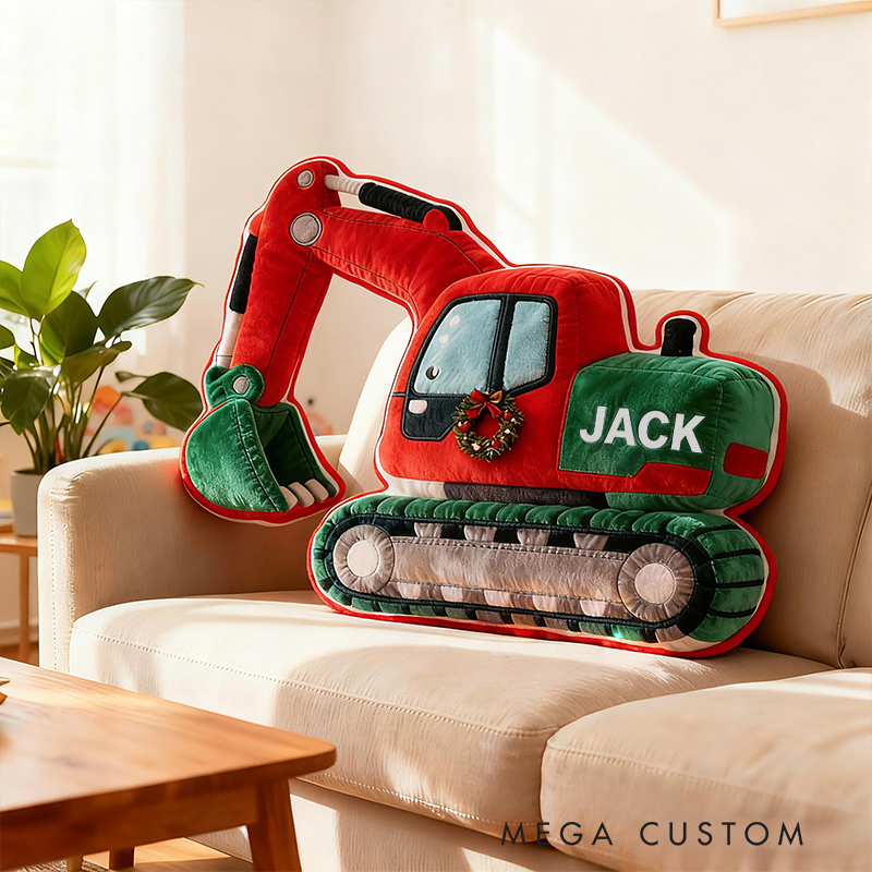 Personalized Excavator Truck Custom Name Soft Decorative Gift Construction Vehicle Style Cozy Bedroom Builder Machine Fun Playtime Boy Room Graphic 3D Print Pillow