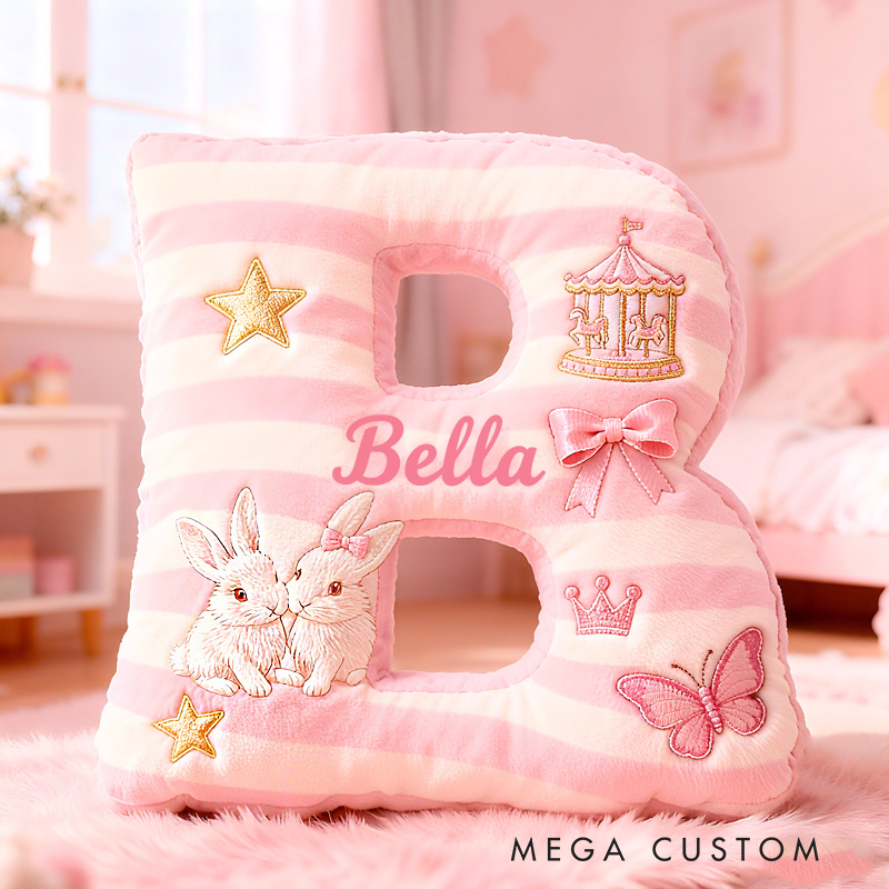 Personalized Pink Striped Bunny Star Butterfly Carousel Letter Initial Custom Name Soft Decorative Gift Cozy Girls Room  Graphic 3D Print Pillows Pillow