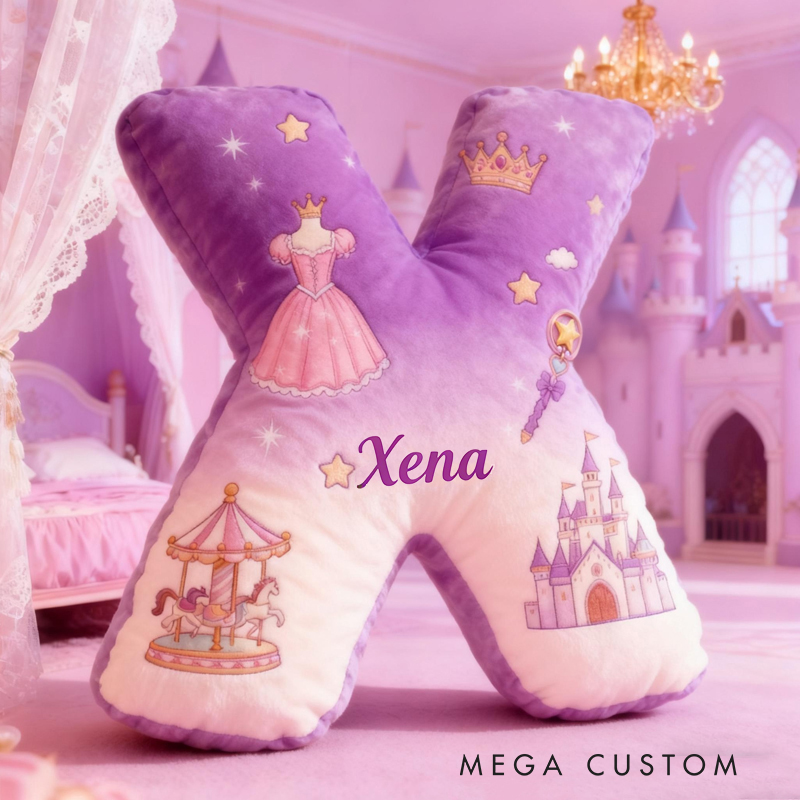 Personalized Princess Letter Custom Name Soft Decorative Gift Magical Castle Style Cozy Nursery Pink Dream Crown Dress Carousel Fairy Tale Lovely Graphic 3D Print Pillow