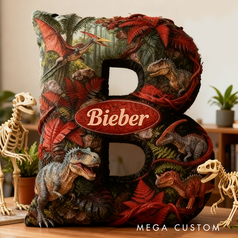 Personalized Dinosaur Jungle Letter Custom Name Soft Decorative Gift Adventure Forest Style Cozy Bedroom Green Red T Rex Velociraptor Fun Explorer Boy Room Graphic 3D Print Pillow