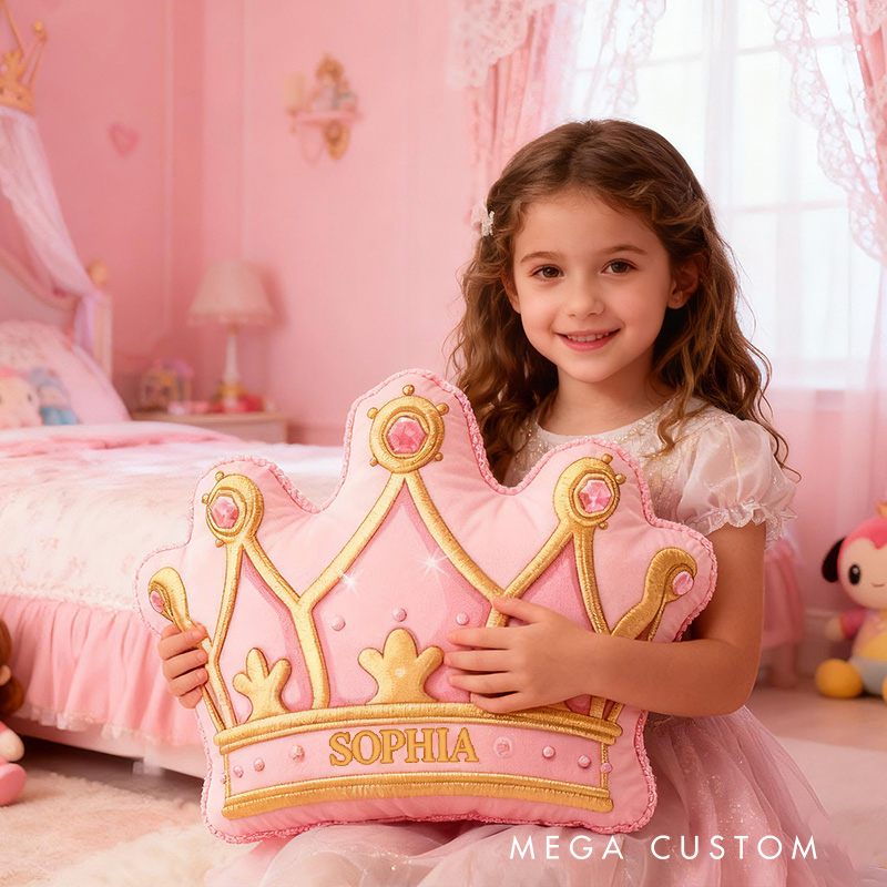 Personalized Pink Crown Shape Custom Name Soft Decorative Gift Royal Princess Style Cozy Girls Room Fairytale Castle Graphic 3D Print Pillow