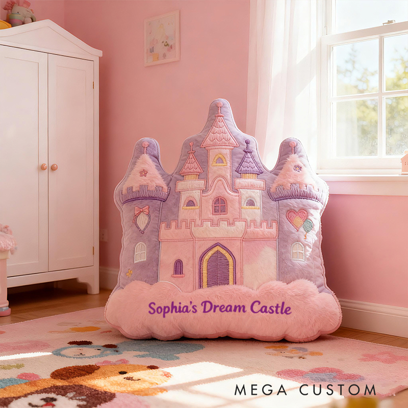 Personalized Pink Purple Castle Shape Custom Name Soft Decorative Gift Fairytale Princess Style Cozy Nursery Room Dream Magic Graphic 3D Print Pillow