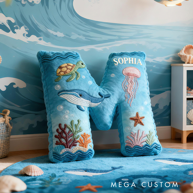 Personalized Ocean Letter Custom Name Soft Decorative Gift Underwater Sea Style Cozy Bedroom Blue Coral Whale Turtle Starfish Colorful Waves Marine Wonder Graphic 3D Print Pillow