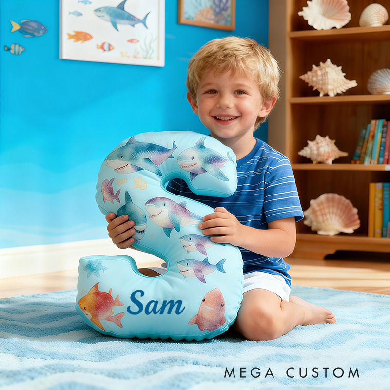 Personalized Shark Letter Initial Custom Name Soft Decorative Gift Fun Kids Room Sea Life Alphabet Shape  Graphic 3D Print Pillow