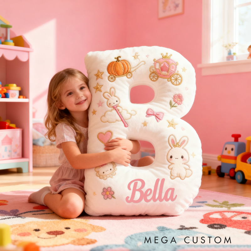 Personalized Letter Bunny Custom Name Soft Decorative Gift Sweet Princess Style Cozy Nursery Pink Dream Cute Rabbit Crown Flowers Magical Baby Room Graphic 3D Print Pillow