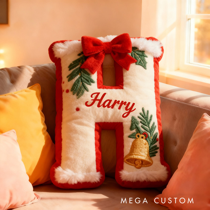 Personalized Christmas Letter Name Custom Kids Gift Festive Red Bow Holiday Cozy Decorative Graphic 3D Print Pillows