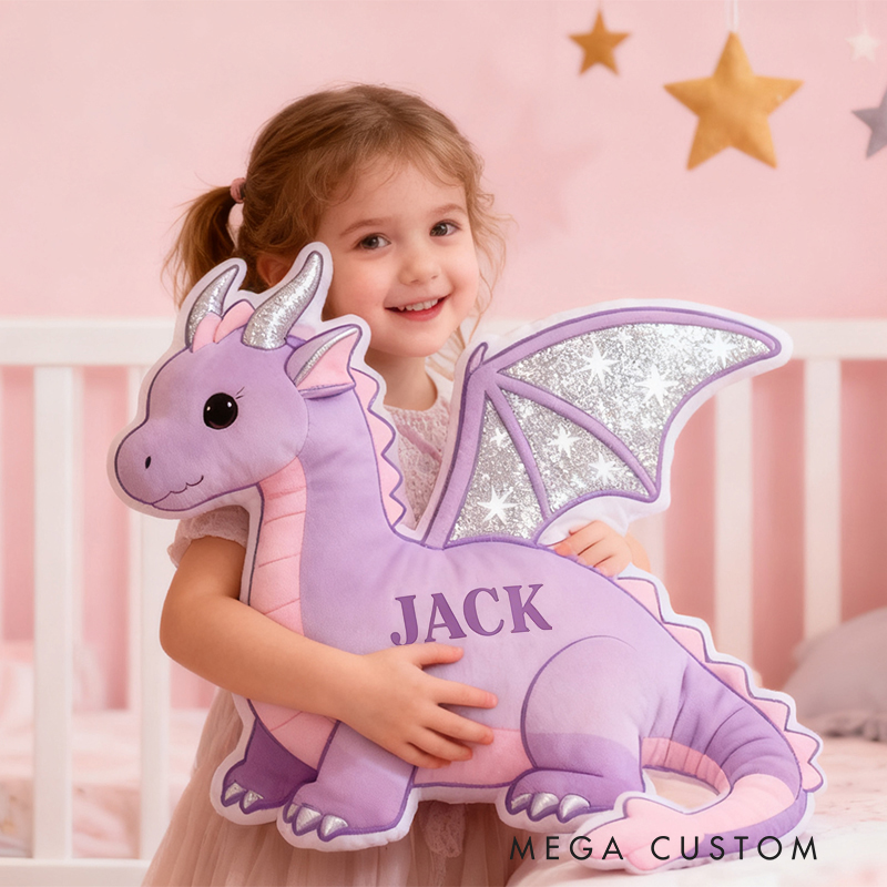 Personalized Purple Dragon Custom Name Soft Decorative Gift Fantasy Creature Style Cozy Kids Room Magical Dream Lovely Sparkle Cute Graphic 3D Print Pillow