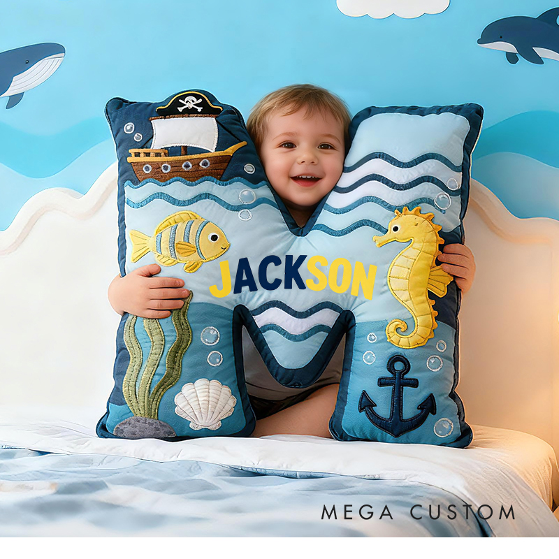 Personalized Pirate Ocean Letter Custom Name Soft Decorative Gift Underwater Sea Style Cozy Bedroom Blue Wave Fish Anchor Seahorse Ship Adventure Graphic 3D Print Pillow