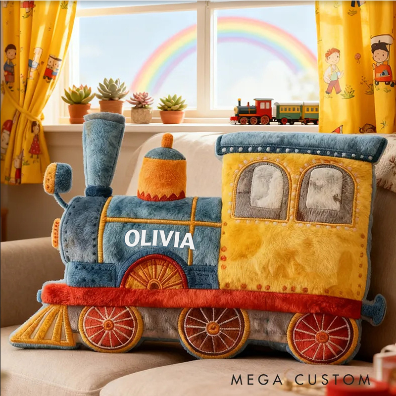 Personalized Train Name Custom Soft Decorative Gift Colorful Railway Adventure Style Fun Playful Cozy Kid Room Magical Journey Steam Engine Rainbow Graphic 3D Print Pillow