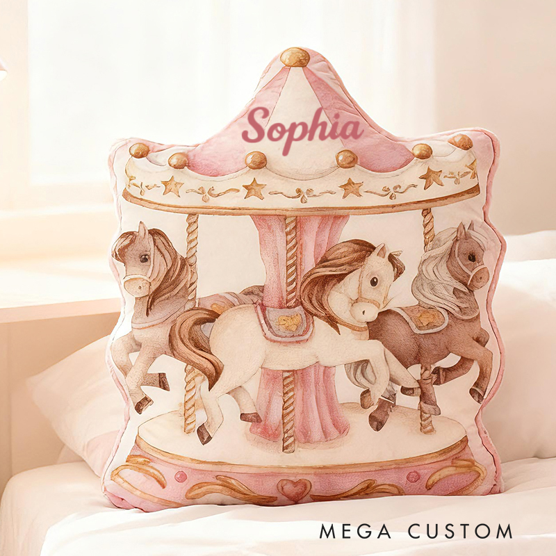 Personalized Carousel Horse Shape Custom Name Soft Decorative Gift Fairytale Princess Style Cozy Nursery Room Gentle Pink Graphic 3D Print Pillow