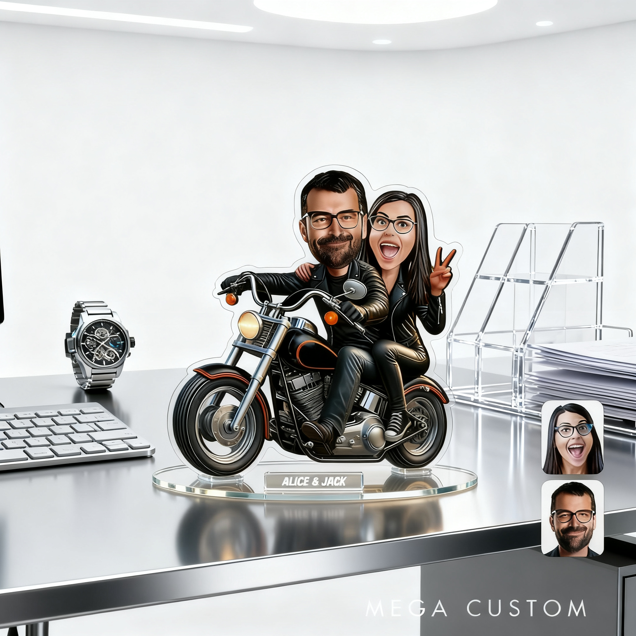 Personalized Cartoon Motorcycle Couple Acrylic Figurine Custom Cartoon Portrait Gift for Biker Lovers or Anniversary