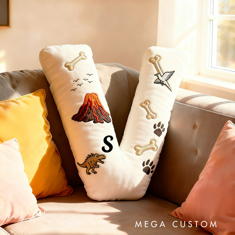 Personalized Volcano Letter Name Custom Kids Gift Dinosaur Bones Lava Adventure Fun Soft Decorative Graphic 3D Print Pillow
