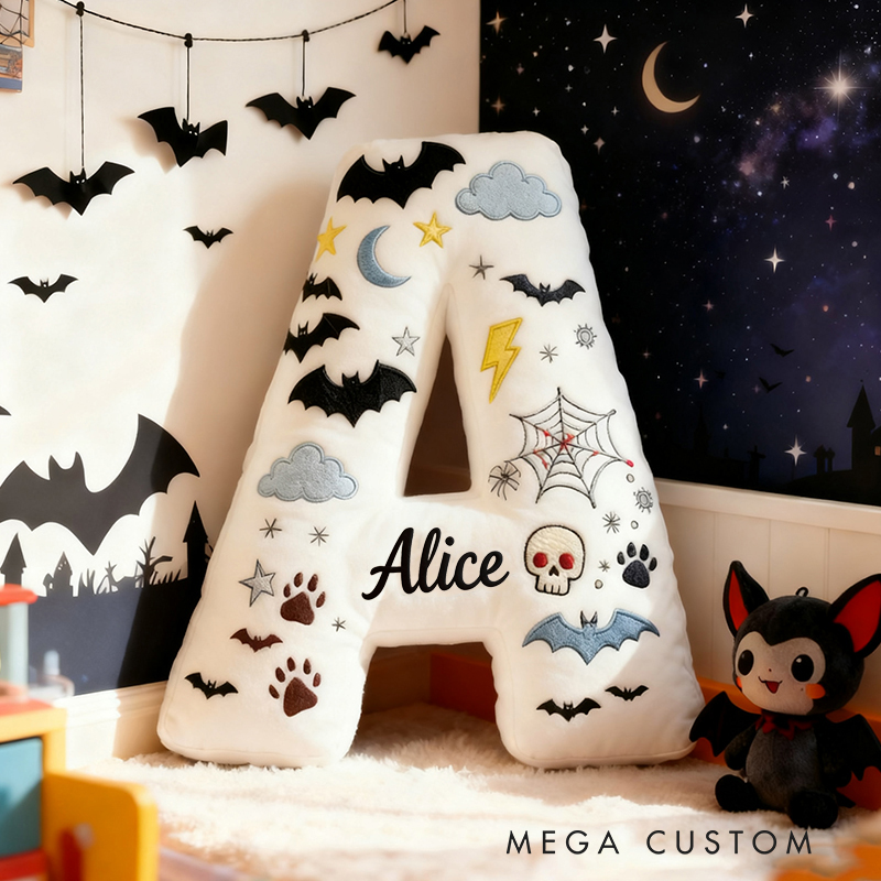 Personalized Bat Custom Name Soft Decorative Gift Spooky Night Style Cozy Bedroom Moon Star Ghost Fun Cute Boy Room Black White Magic Vibe Graphic 3D Print Pillow
