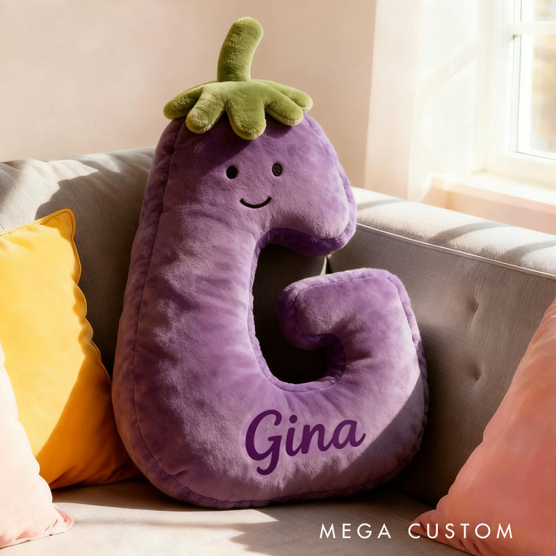 Personalized Eggplant Letter Name Custom Kids Gift Funny Purple Vegetable Soft Cute Decorative Graphic 3D Print Pillow Funny Gift for Kids Family