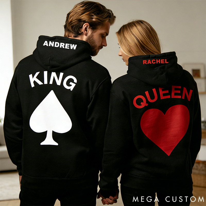 Personalized Couple King and Queen Matching Hoodie with Name Custom Couple Playing Card Sweatshirt Valentine's Day Gift for Him Her Anniversary Gift