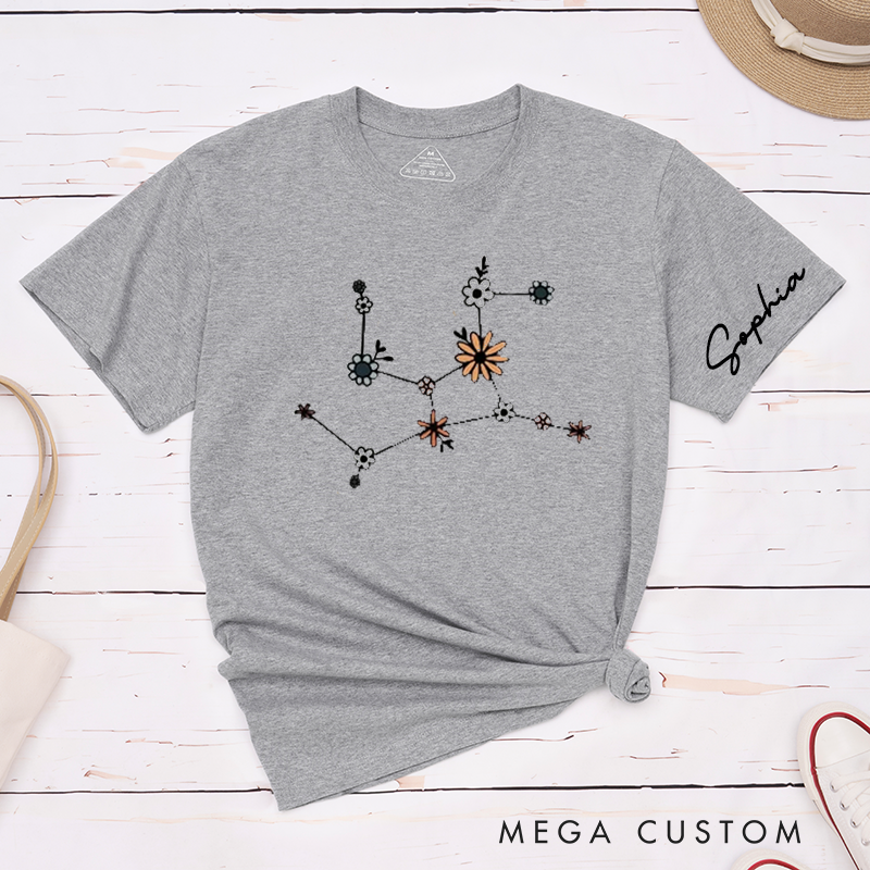 Personalized Virgo Zodiac Constellation Floral T-Shirt Custom Name Classic Unisex Birthday Gift for Astrology Lovers Unique Personalized Tee