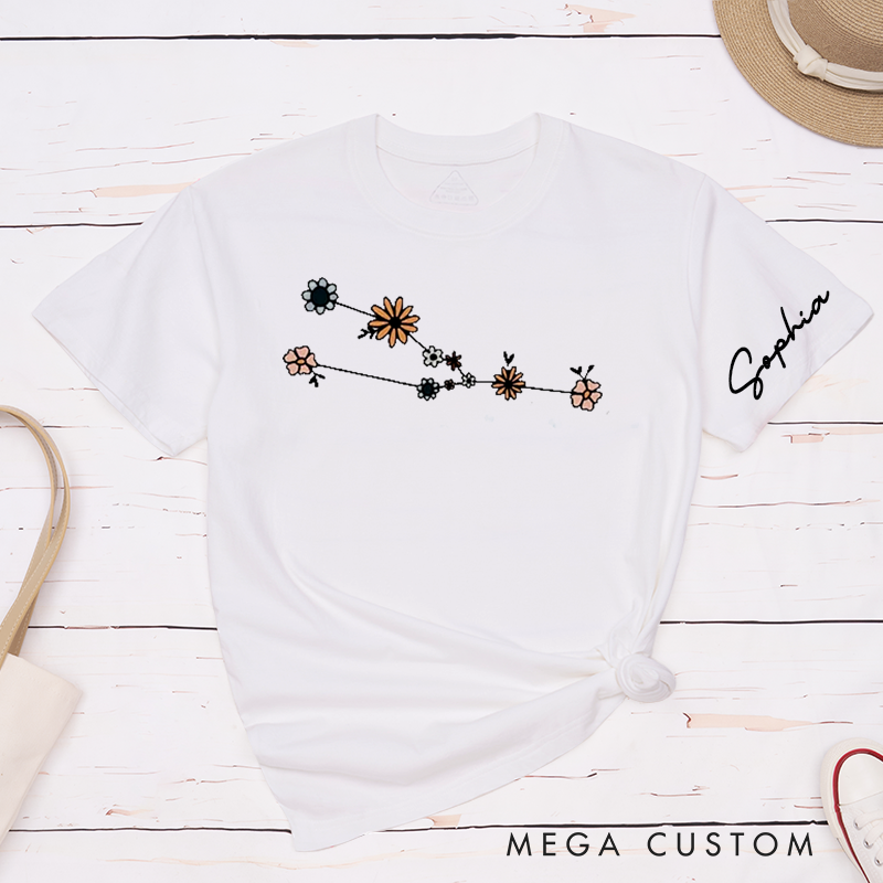 Personalized Taurus Zodiac Floral Constellation Classic T-Shirts Custom Star Sign Shirt Birthday Gift Unisex Astrology Tee for Men and Women