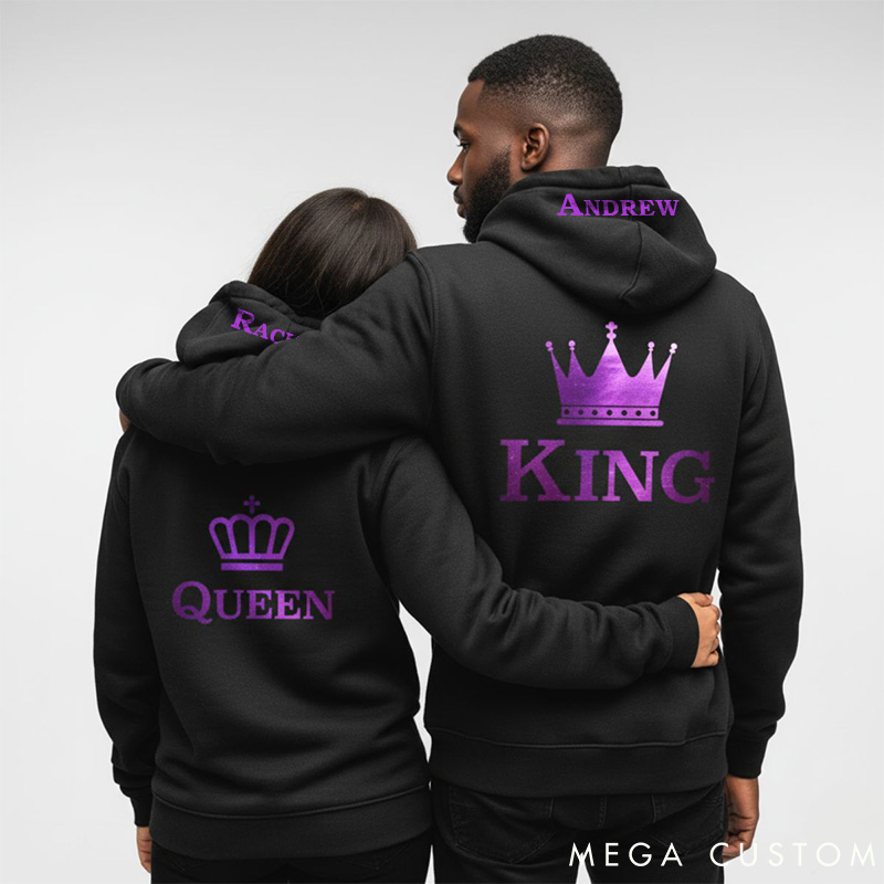 Personalized Couple Purple King and Queen with Crown Matching Hoodie Custom Couple Sweatshirt with Name Anniversary Gift Valentine's Day Gift