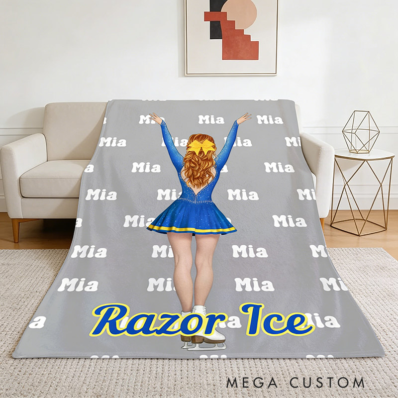 Personalized Figure Skating Cartoon Character Multicolor Soft Throw Blanket with Name Daily Training Match Day Team Gift for Figure Skaters and Coaches