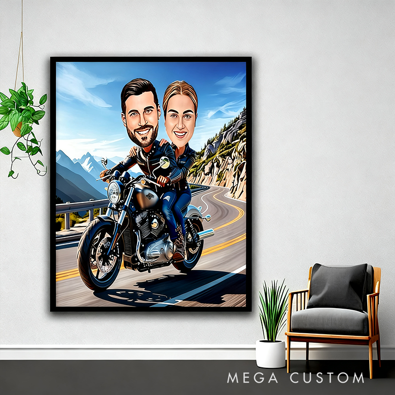 Personalized Motorcycle Couple Portrait Custom Biker Caricature Drawing Poster Gift for Motorcycle Lovers and Couples