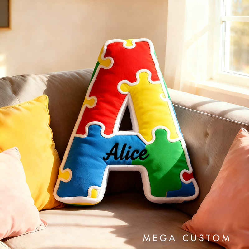 Personalized Bright Puzzle Pattern Letter Initial Name Cushion Soft Decorative Gift for Kids Room Fun Alphabet Shape Pillow