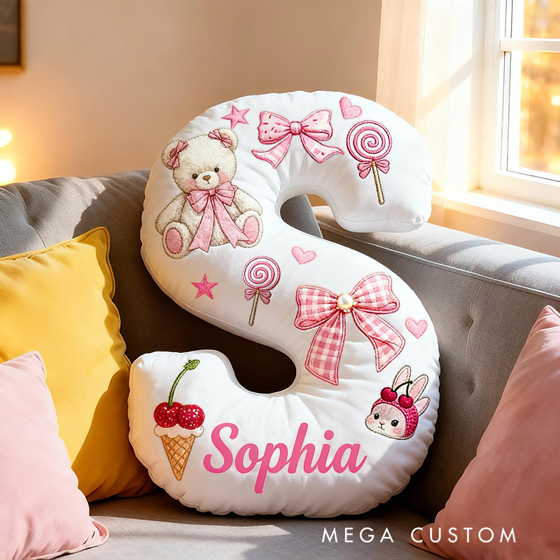 Personalized Teddy Bear Bow Candy Cherry Custom Name Soft Decorative Gift Sweet Princess Style Cozy Nursery Room Dream Pink Cute Graphic 3D Print Pillow