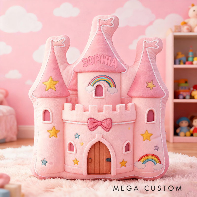 Personalized Pink Rainbow Castle Shape Custom Name Soft Decorative Gift Fairytale Princess Style Cozy Playroom Dream Star Graphic 3D Print Pillow