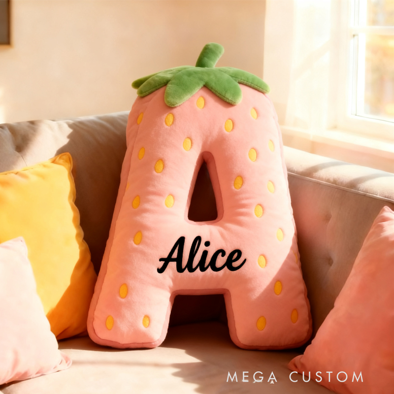 Personalized Cute Strawberry Initial Graphic 3D Print Pillow with Name Christmas Gift for Kids