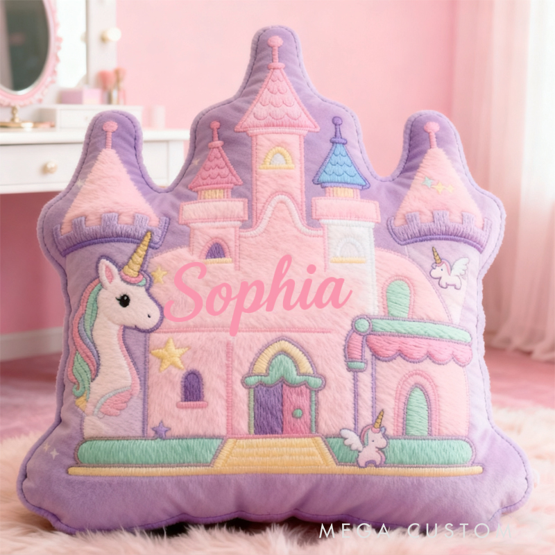 Personalized Cartoon Princess Dream Horse Castle with Name Graphic 3D Print Pillow Christmas Gift for Kids 