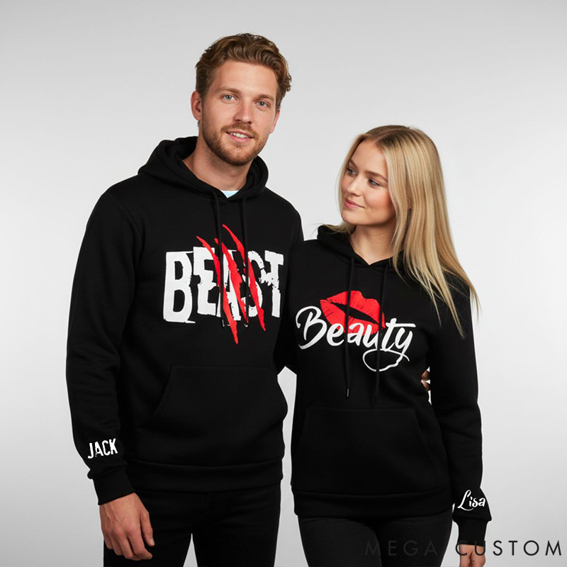 Personalized Couple Beast with Claw and Beauty with Kiss Matching Hoodie Custom Couple Sweatshirt with Name Anniversary Gift Valentine's Day Gift