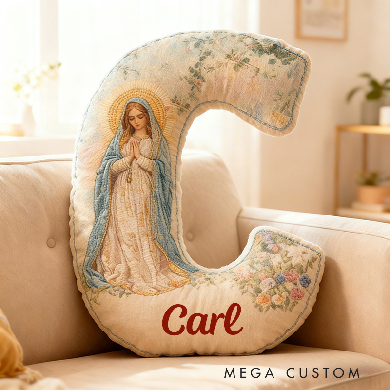 Personalized Virgin Mary Floral Letter Pillow with Custom Name Religious Home Decor Gift Catholic Gift for Her Prayer Gift Graphic 3D Print Pillow