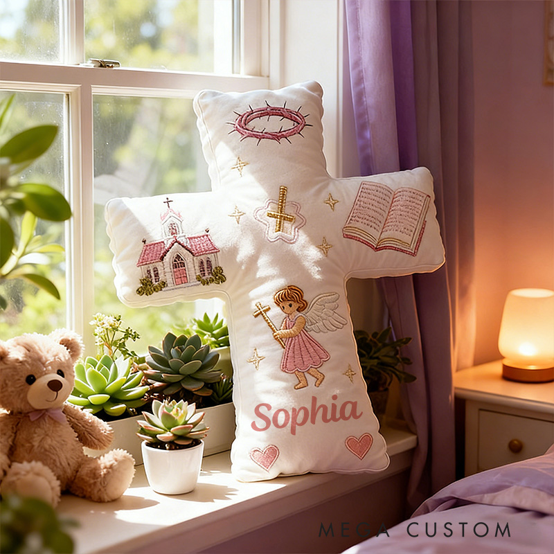 Personalized Little Angel Cross Pillow with Custom Name Graphic 3D Print Pillow Kid Room Decor Church Cross Angel Bible Religious Faith Gift for Her