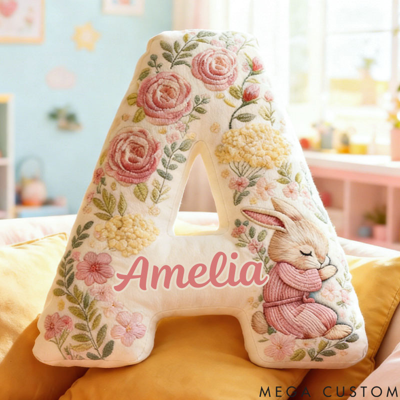 Personalized Girl friend Pink Floral Rabbit Graphic 3D Printed Pillow Custom Flower Girl Name Cushion Valentine's Day Gift Christmas Gift for Her