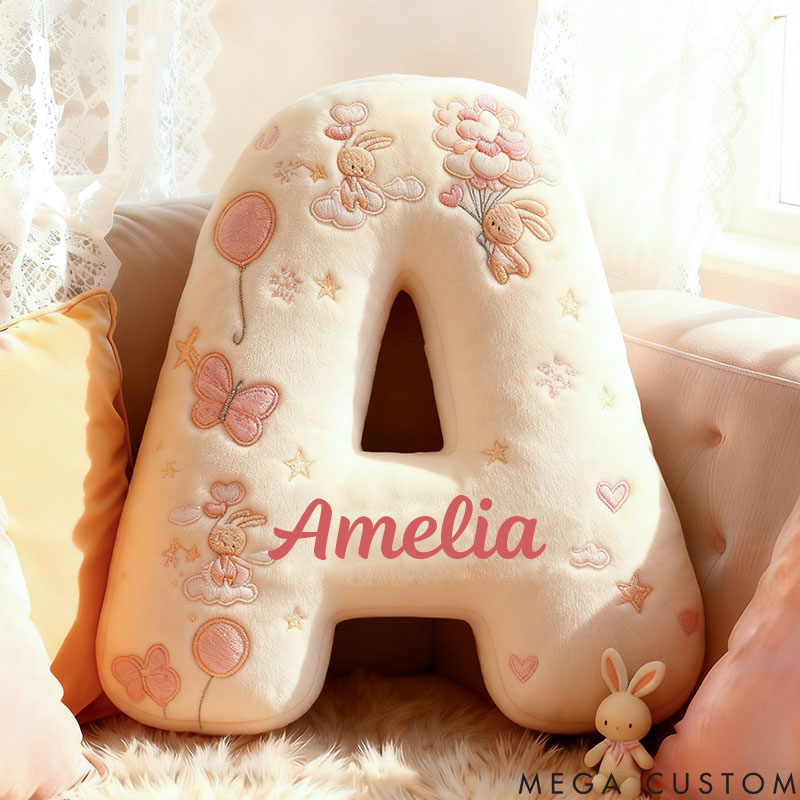 Personalized Flower Girl Graphic 3D Print Rabbit Heart Balloon 26 Letter Pillow Custom Girl Name Cushion Wedding Gift for Girl Christmas Gift for Her