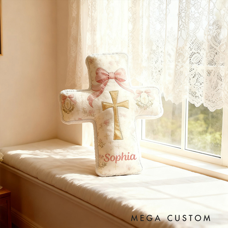 Personalized Bow Wreath Cross Pillow with Custom Name Graphic 3D Print Pillow Home Decor Christian Religious Gift for Kids Girls