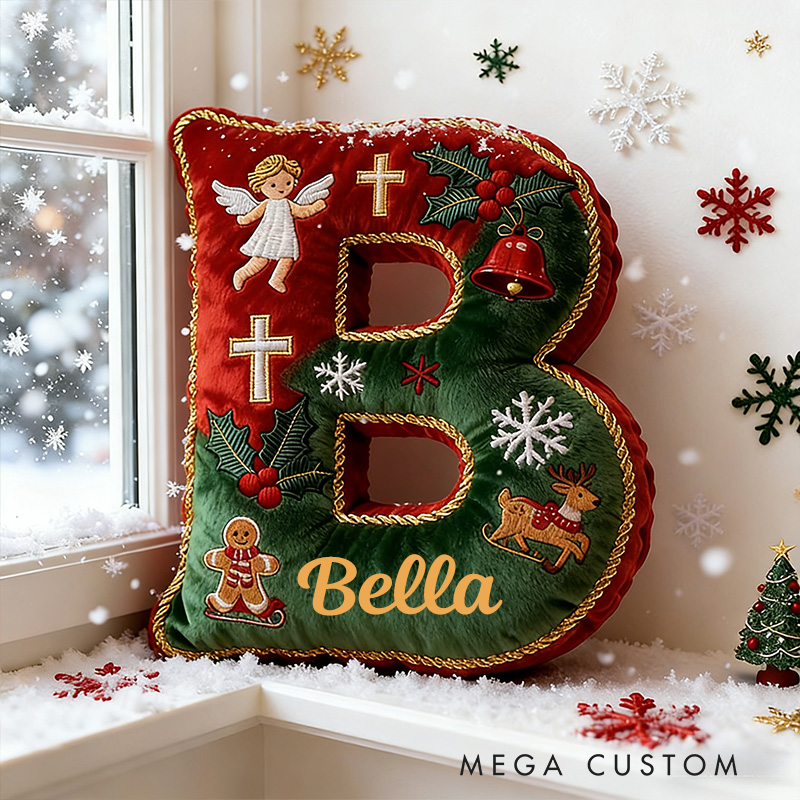 Personalized Christmas Letter Pillow with Custom Name Christmas Tree Angel Cross Bell Reindeer Festive Home Decor Graphic 3D Print Christian Gift