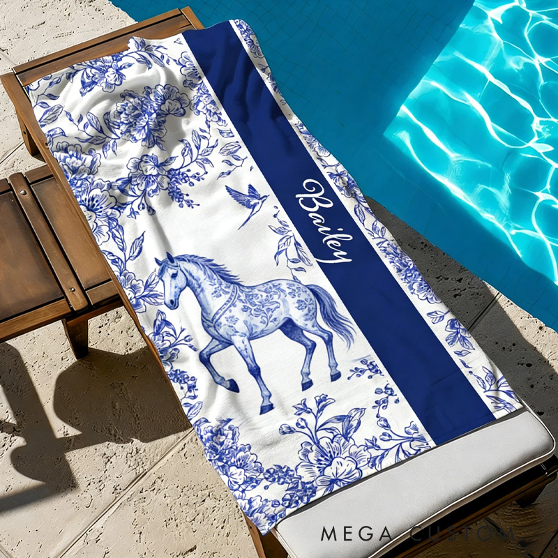 Personalized Toile De Jouy Pattern  Equestrian Floral Horse Quick-Dry Microfiber Beach Towel Quick Dry Soft Oversized Beach Towel with Name Summer Vacation Beach Party Birthday Gift for Riding Lovers Equestrian Lovers