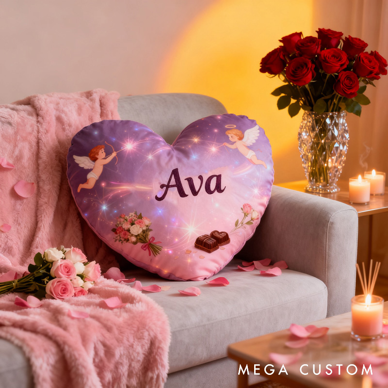 Personalized Cupid Cartoon Heart-Shaped Pillow with Name Soft Stuffed Toy for Kids and Lover Unique Decorative Cushion for Room for Valentine's Day Anniversary