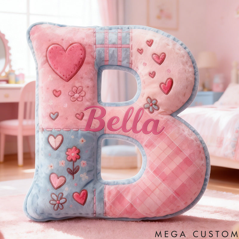 Personalized Flower Girl Floral Heart Pink Plaid Graphic 3D Printed Pillow Custom Girl friend Name Cushion Valentine's Day Gift Christmas Gift for Her