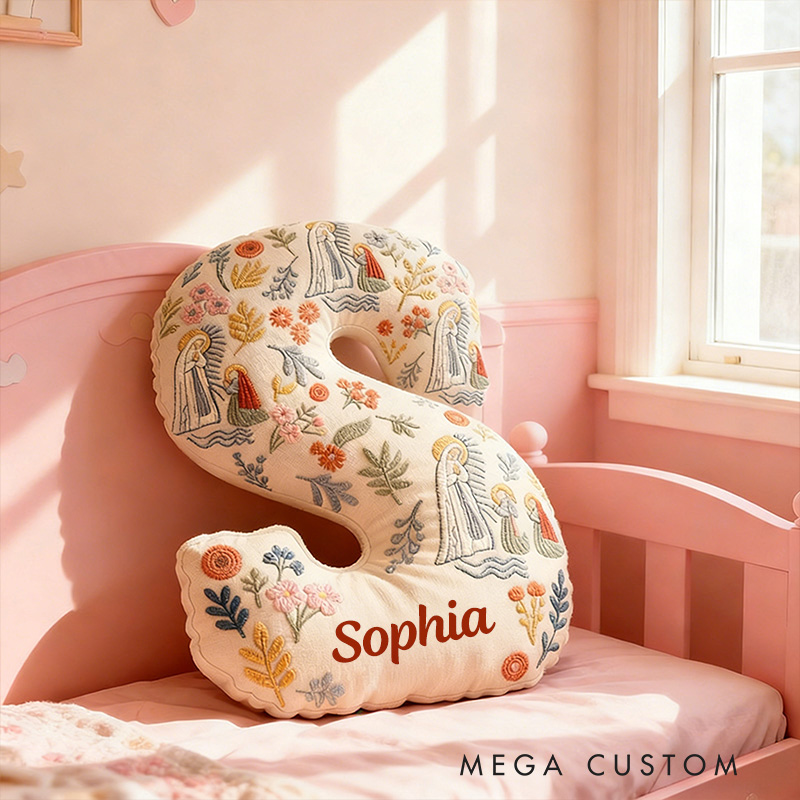 Personalized Our Lady of Lourdes Floral Graphic 3D Print Letter Pillow with Custom Name Religious Home Decor Catholic Gift for Women