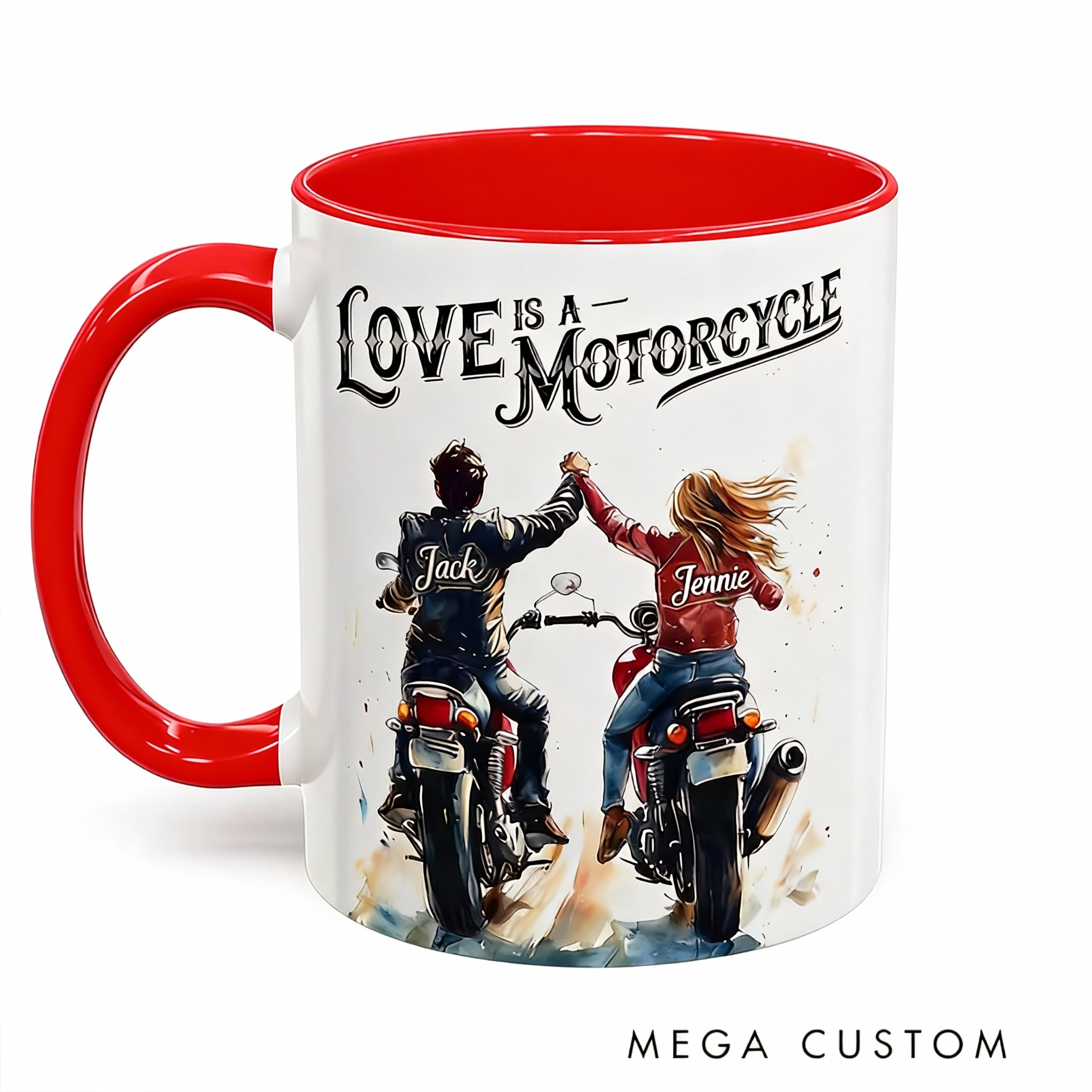 Personalized Love is a Motorcycle Mug Custom Name Biker Couple Coffee Cup Watercolor Romantic Gift for Motorcycle Lovers