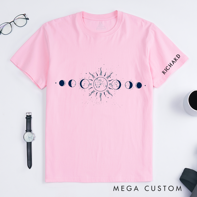Personalized Sun and Moon Phases Classic T-Shirt Custom Name Gift Spiritual Celestial Design for Men and Women Unique Astrology Birthday Present