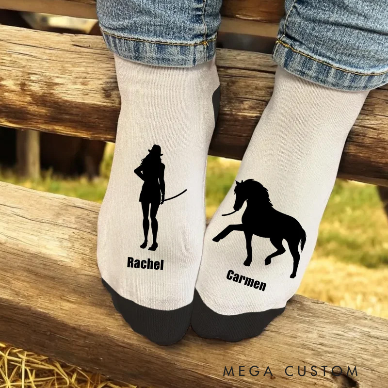 Personalized Horse Riding Socks Horse and Owner Silhouette Soft Midcalf Socks Custom Gift for Friend or Birthday Gifts for Rider Equestrian Riding Lovers