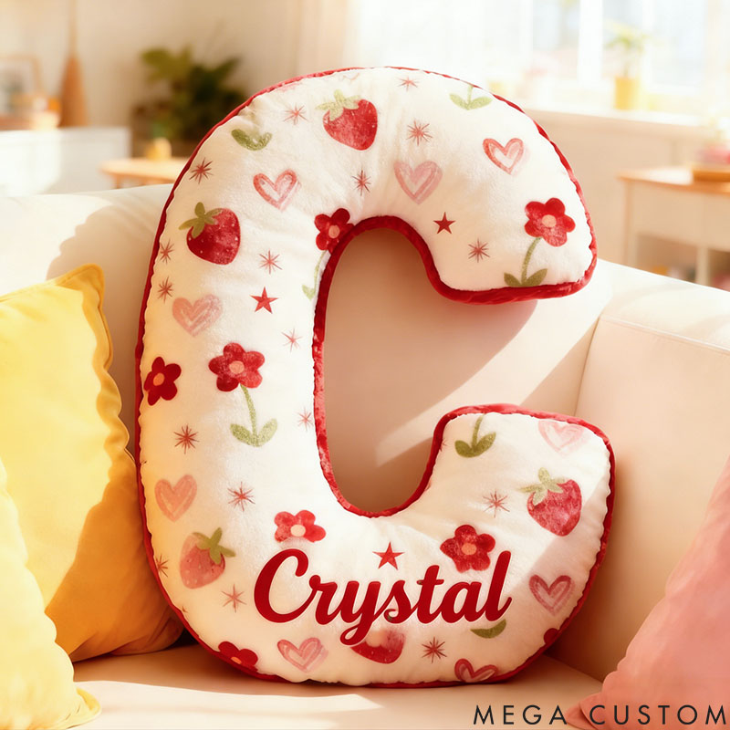 Personalized Flower Girl Floral Strawberry Heart Graphic 3D Printed Pillow Custom Girl friend Name Cushion Valentine's Day Gift Christmas Gift for Her