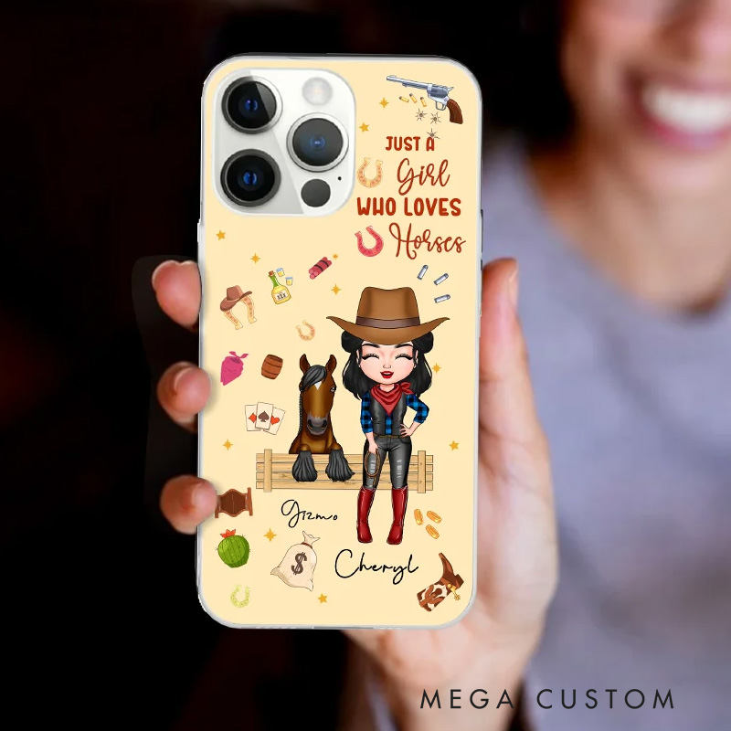 Personalized Cartoon Horse and Cowgirl Phone Case with Name Horse Racing Birthday Gift for Riding Lovers Equestrian Lovers Unique Style Phone Cases