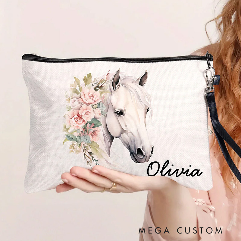 Personalized Watercolor Floral Horse Linen Wristlet Makeup Bag with Name Birthday Gift for Women Riding Lovers
